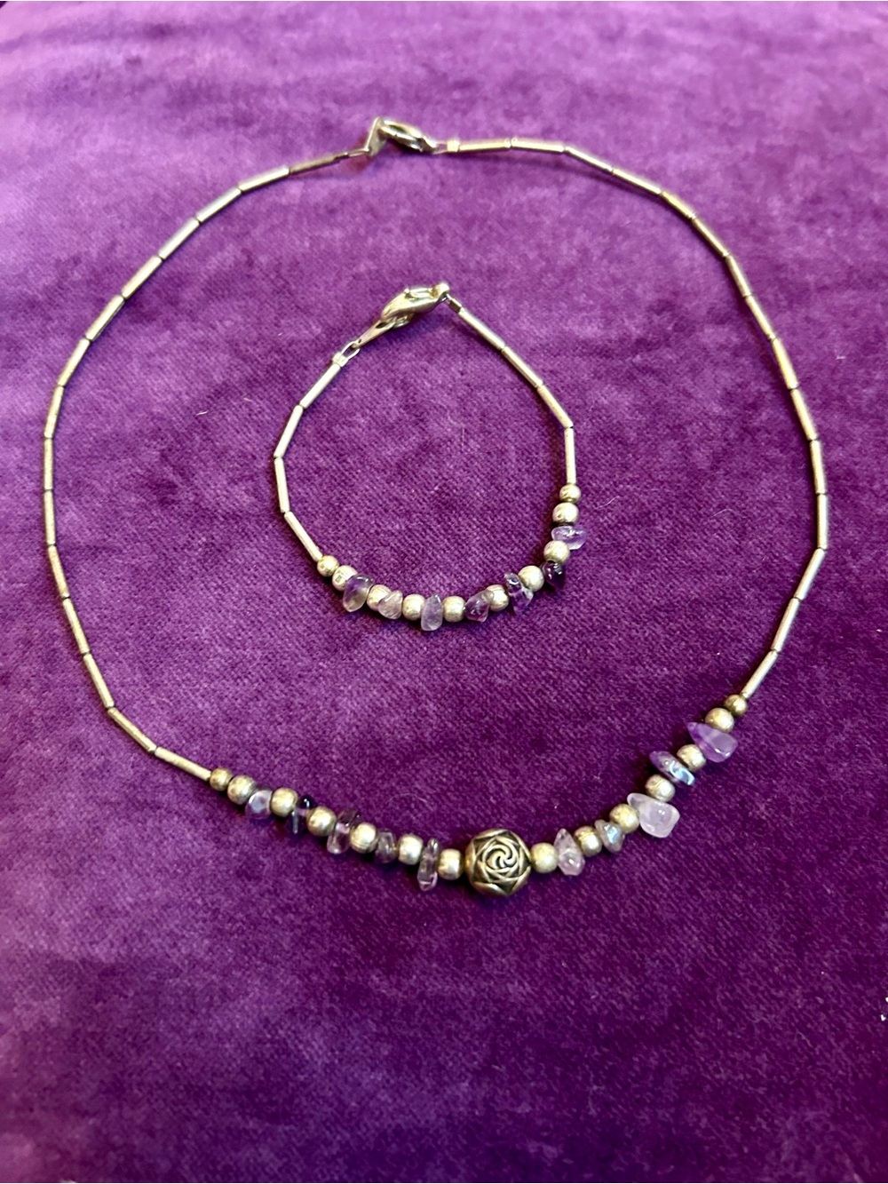 Amethyst and silver toned necklace and bracelet set